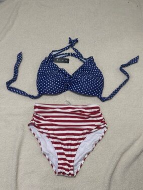 Navy Star Halter Bikini Top with Red Stripe High-Waist Bottom